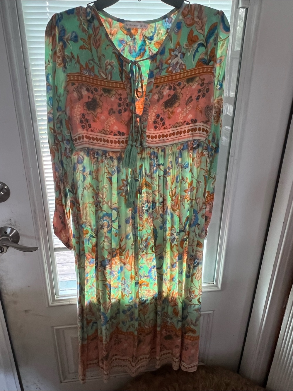 Bohemian Mint and Coral Floral Midi Dress with Tassel Tie BOHO Medium